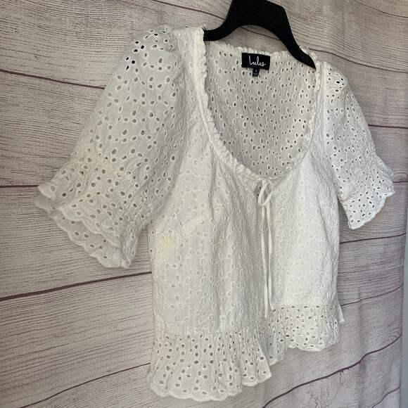 Lulus Sweet Sunshine White Eyelet Lace Crop Top Puff Sleeves Tie String Size S - Picture 11 of 11